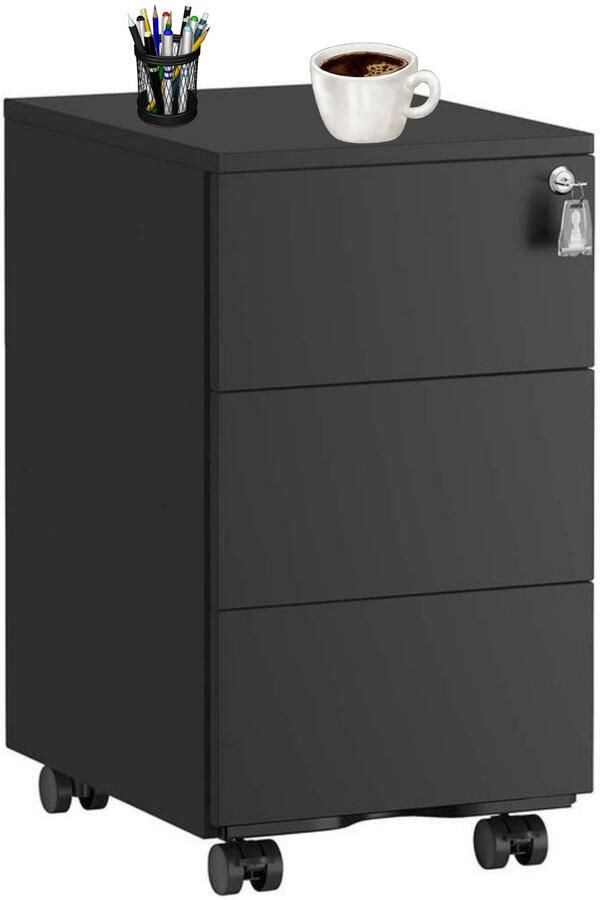 Signature Home Ladeblok Bureau rolcontainer Met Slot mobiele archiefkast metalen kast afsluitbaar matzwart 40 x 30 x 54 cm