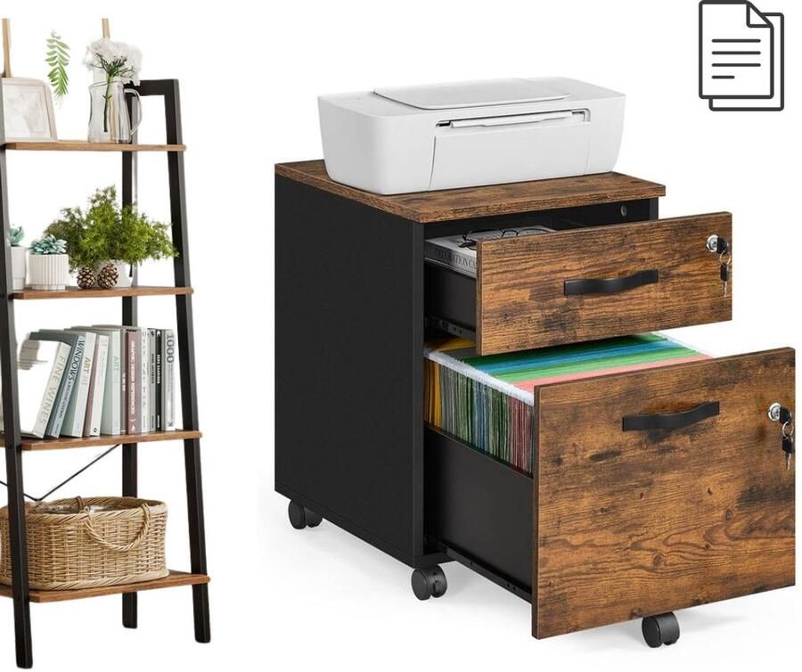 Signature Home Ladeblok op wieltjes Rol Container Op Wielen Ladeblok Bureau Archiefkast Bruin Zwart 44 x 40 x 55