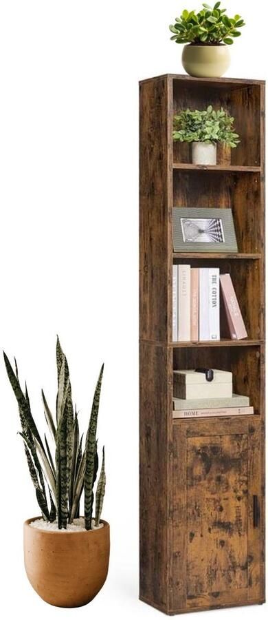 Signature Home Lang Boekenkast Opbergkast 6-laags hoge plank vrijstaande kastmet deur open opbergeenheid vintage bruin -24 x 31 8 x 175 cm