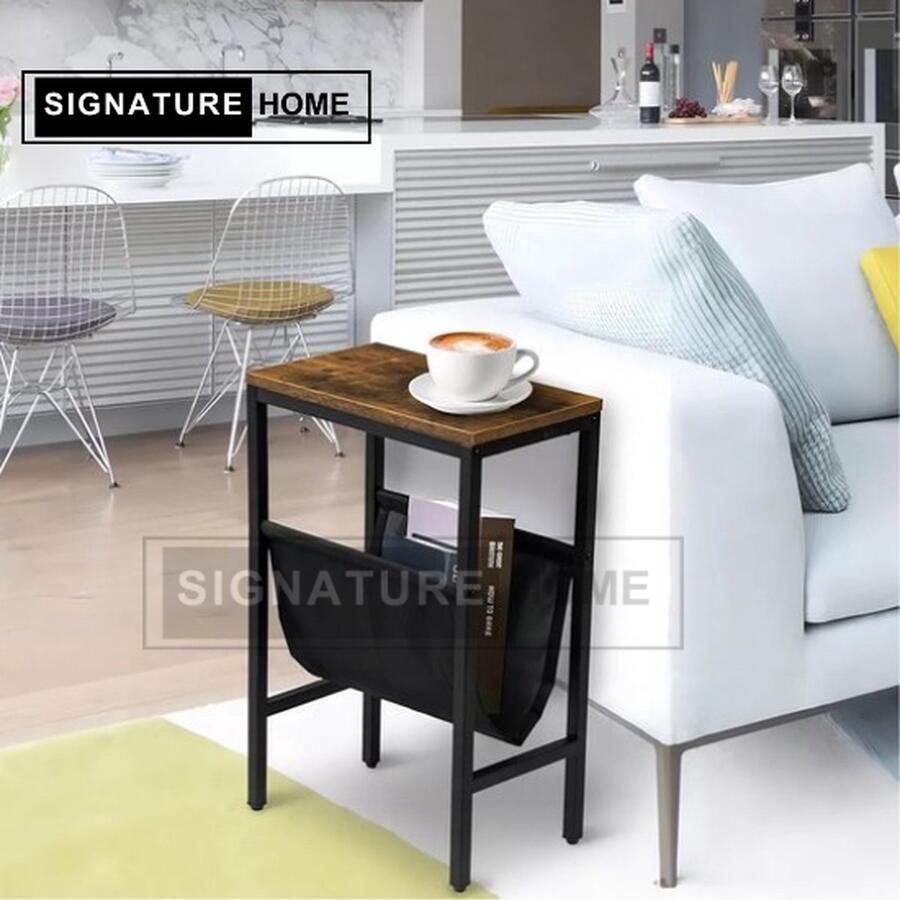 Signature Home Lincoln Bijzettafel tijdschriftenhouder vak tijdschriftenhouder Nachtkastje Eenvoudig te monteren metalen frame bruin Zwart 39 x 25 x 61 cm