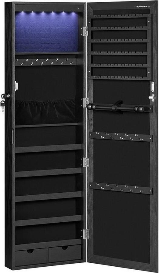 Signature Home Madrid sieradenkast Hangende sieradenkast met spiegel afsluitbare spiegelkast wandkast met LED en spiegel wandmontage hangend aan de deur -- zwart