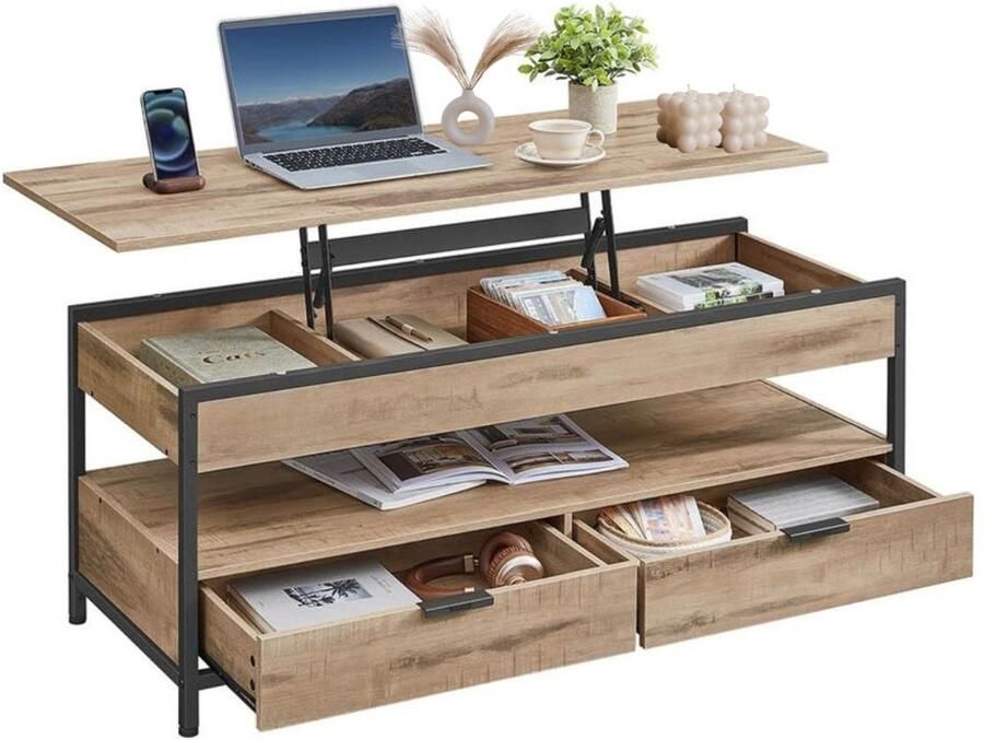 Signature Home Malaga Salontafel In hoogte verstelbare met lades open vak Camel bruin Zwart- 120 cm