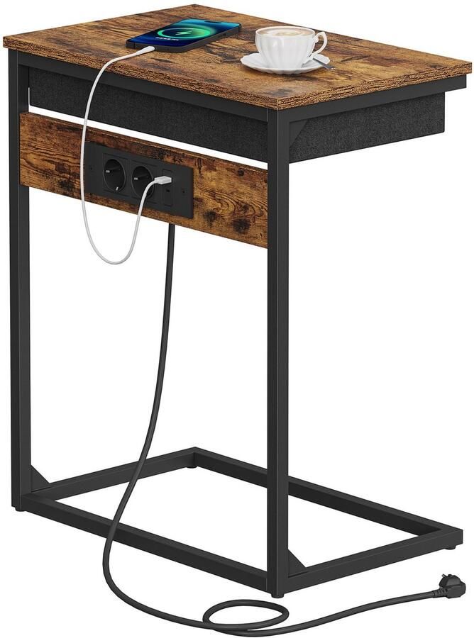 Signature Home Malmo Bijzettafel Laptoptafel met laadstation Nachtkastje Banktafel met lade Laptop tafel Industriële Bruin Zwart 55x35x66 cm