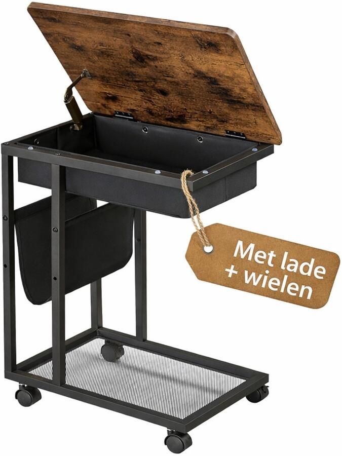 Signature Home Miami Bijzettafel met Lade en Wielen – Laptoptafel Bank – Nachtkastje Industrieel – Verrijdbaar – Hout Metaal – Bruin Zwart – 50x35x60 cm - Foto 2