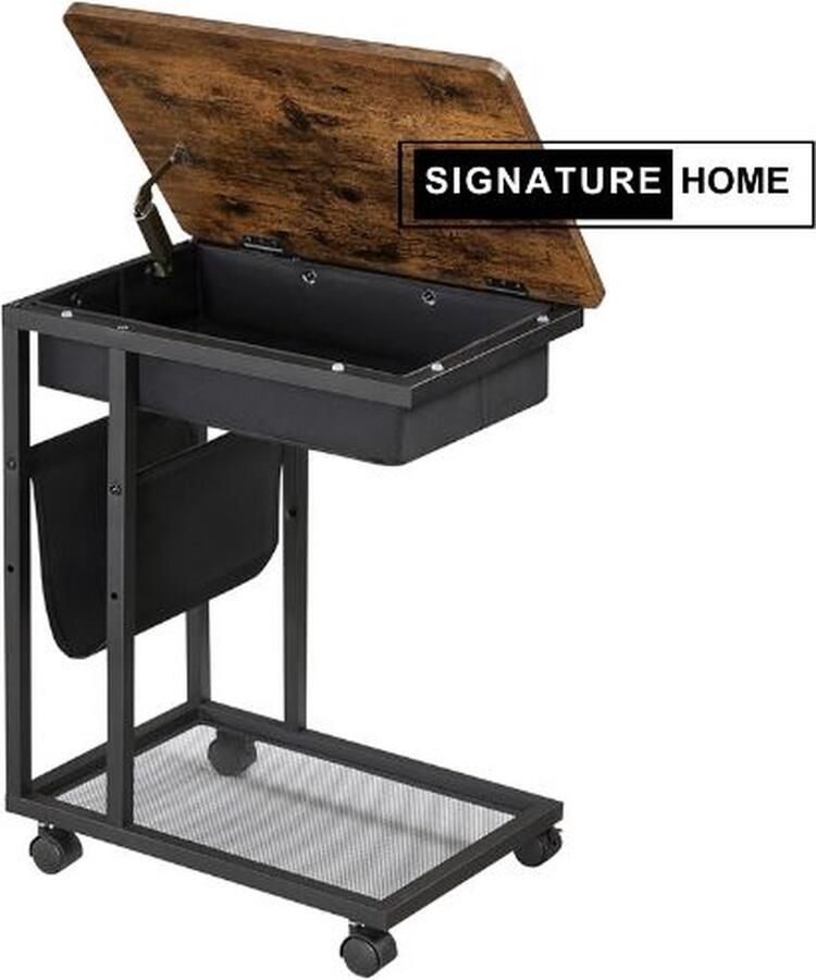 Signature Home Miami Bijzettafel met lade Laptoptafel met Wielen salontafel Industriële Stijl Bruin Zwart 50x35x60cm