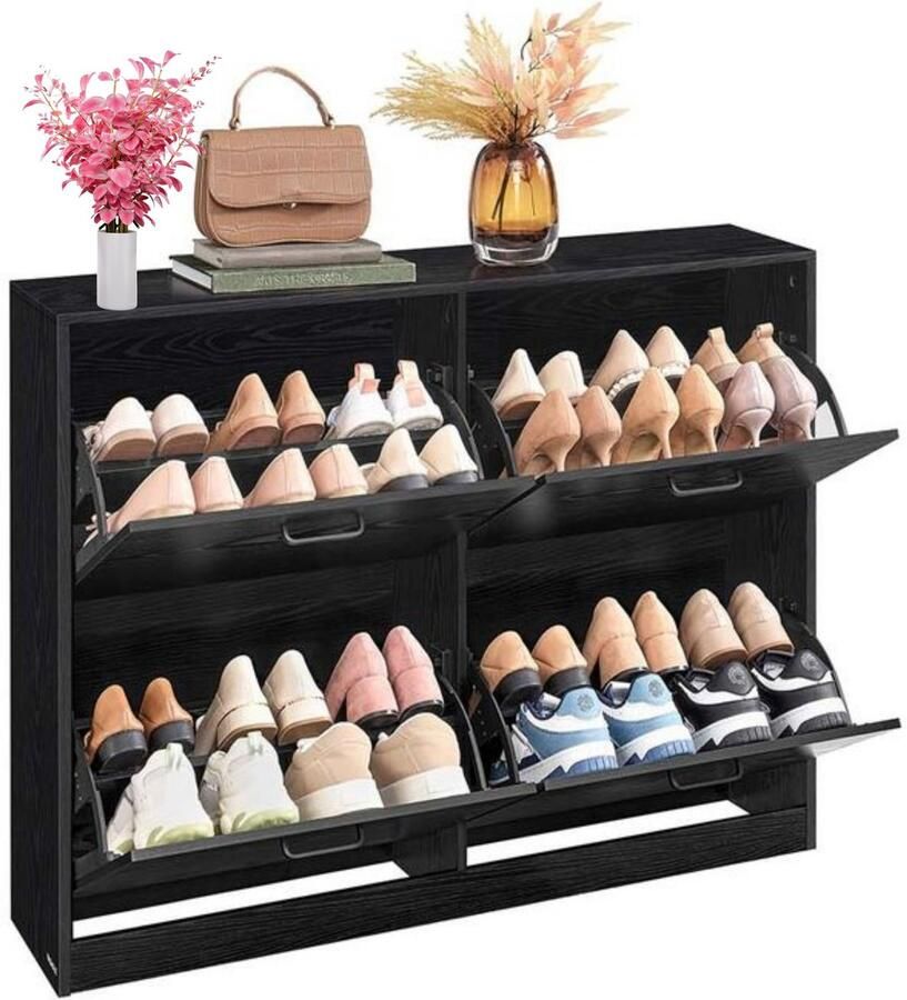 Signature Home Miami Schoenenkast 4 kleppen Schoenenrek Verstelbaar voor 16-28 paar schoenen Gang Ebbenhout Zwart 24 x 105 5 x 82 7 cm