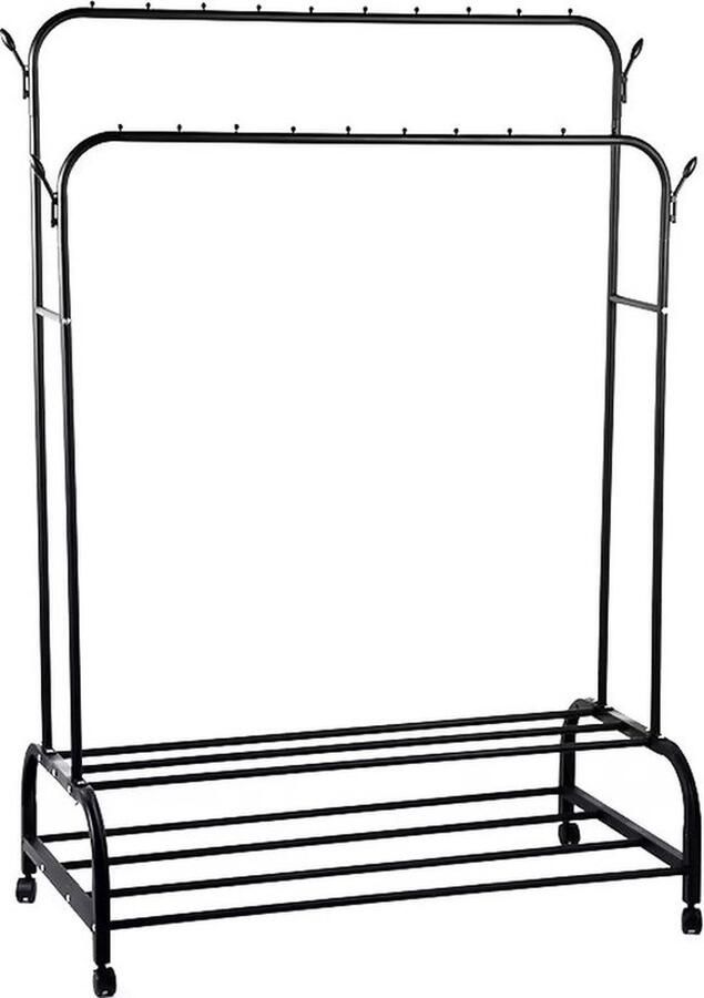 Signature Home Milan Kledingrek Garderoberek Op Met Wielen Metaal Kledingrek Dressboy met 2 Planken en 4 Haken kledingrek dubbel garderoberek met schoenenrek Zwart H160 x B110 x D56 cm