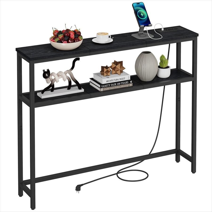 Signature Home Milly Consoletafel Console tafel Smalle Bijzettafel met laadstation Haltafel Bijzettafels smalle Tafel met 2 planken Hout Metaal Zwart 20 x 100 x 80 cm