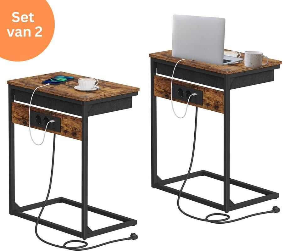 Signature Home Mongolia Bijzettafel Laptoptafel met laadstation Nachtkastje Set Van 2 Banktafel met lade Laptop tafel Industriële Bruin Zwart 55x35x66 cm