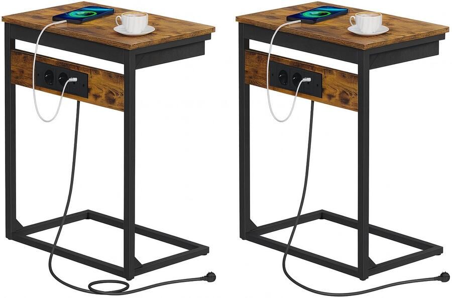 Signature Home Mongolia Bijzettafel Laptoptafel met laadstation Nachtkastje Set Van 2 Banktafel met lade Laptop tafel Industriële Bruin Zwart 55x35x66 cm - Foto 2