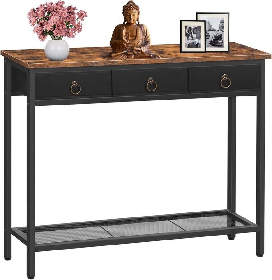 Signature Home Mumbai Consoletafel Console tafel haltafel slanke bijzettafel met 3 lades van vliesstof Wandtafel metalen frame industrieel bruin Zwart 25x 100x 80 cm