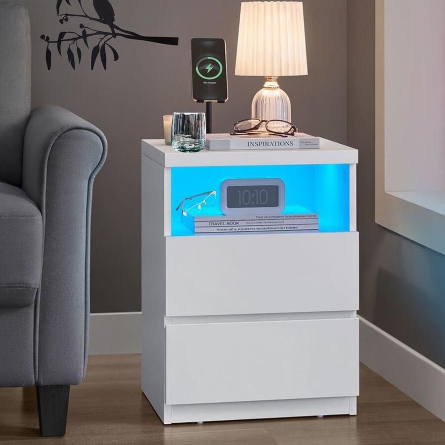 Signature Home Nachtkast -Nachtkastje met verstelbare LED-verlichting bijzettafel met lades ladekast nachtkastje voor slaapkamer woonkamer wit