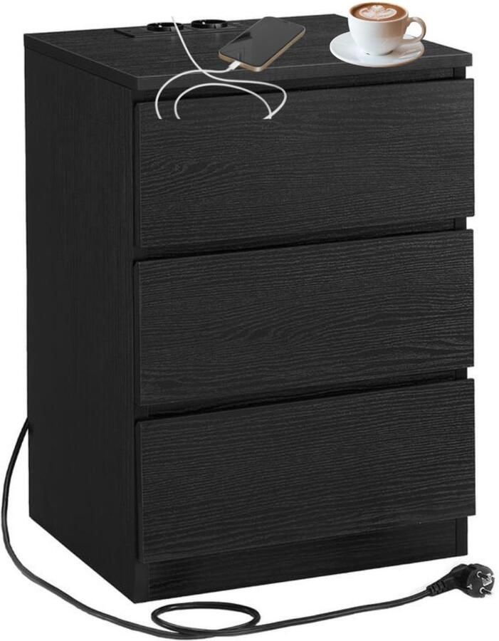 Signature Home Nachtkastje bijzettafel 3 laden afgeschuinde rand 2 AC-stopcontacten 2 USB-poorten hout zwart
