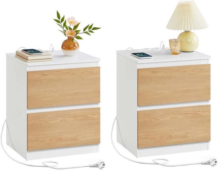 Signature Home Nachtkastje met Oplaadstation set van 2 bijzettafel 2 lades 2 stopcontacten 2 USB-A-poorten woonkamer slaapkamer WIT Amandel Geel
