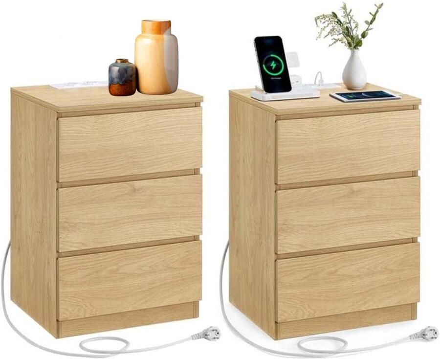 Signature Home Nachtkastje met stekkerdoos set van 2 bijzettafel 3 lades 2 stopcontacten 2 USB-A-poorten modern strogeel