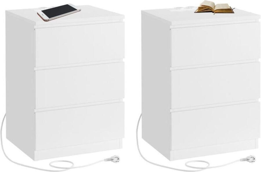 Signature Home Nachtkastje set van 2 bijzettafel 3 laden afgeschuinde rand 2 AC-stopcontacten 2 USB-poorten woonkamer slaapkamer werkkamer modern wolkenwit