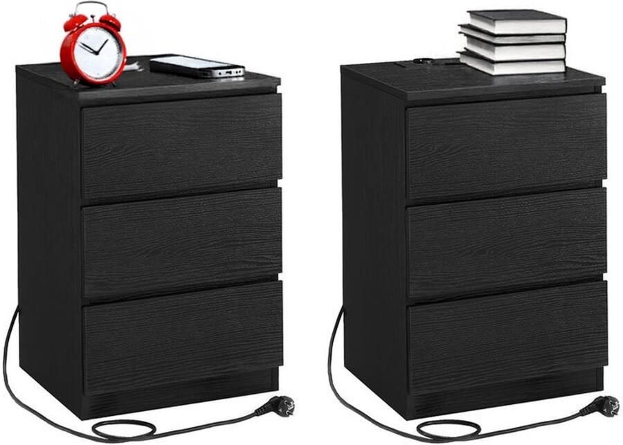 Signature Home Nachtkastje Set van 2 Met 2 Stopcontacten Met 2 USB Poorten 3 Lades Zwart 40x35x59cm
