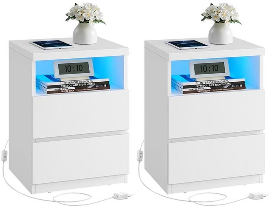 Signature Home nachtkastje set van 2 nachtkast met verstelbare LED-verlichting bijzettafel met laden ladekast wit