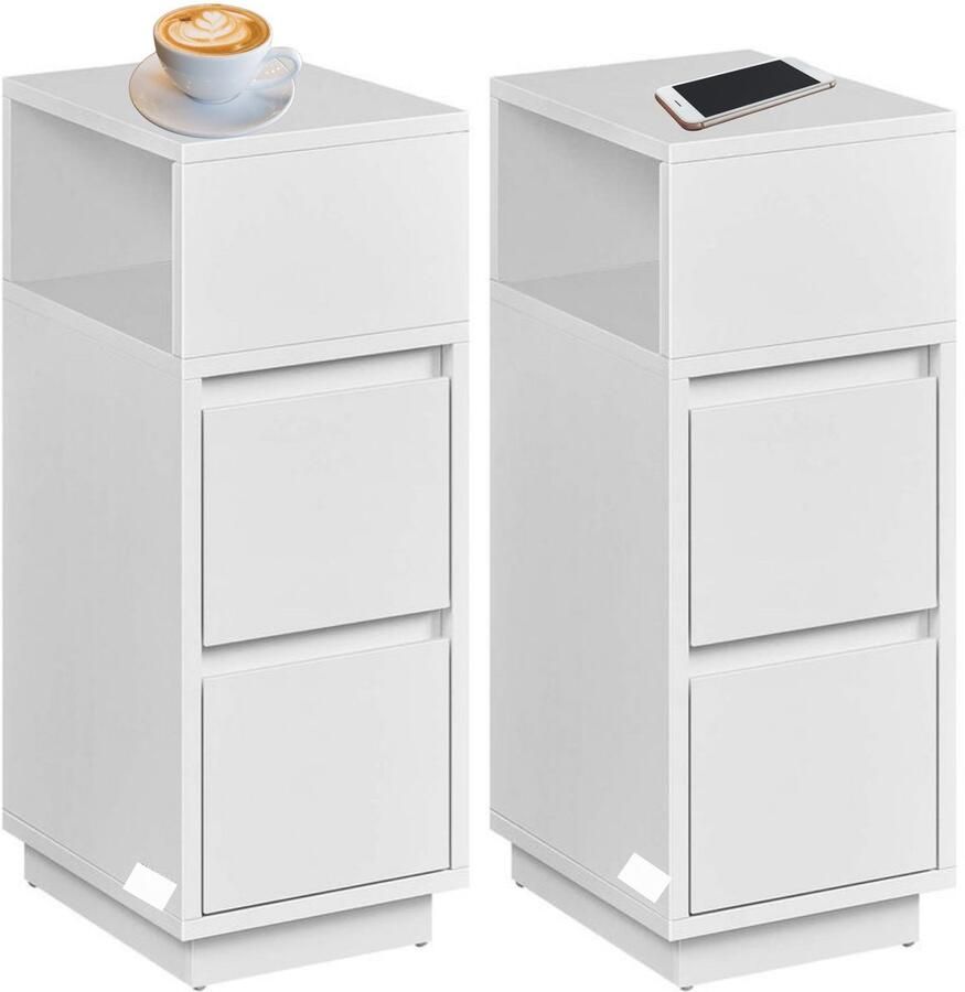 Signature Home Nachtkastjes Set van 2 smalle bijzettafel met 2 lades open vak links of rechts flexibele montage voor slaapkamer woonkamer wit 30 x 25 x 65 cm
