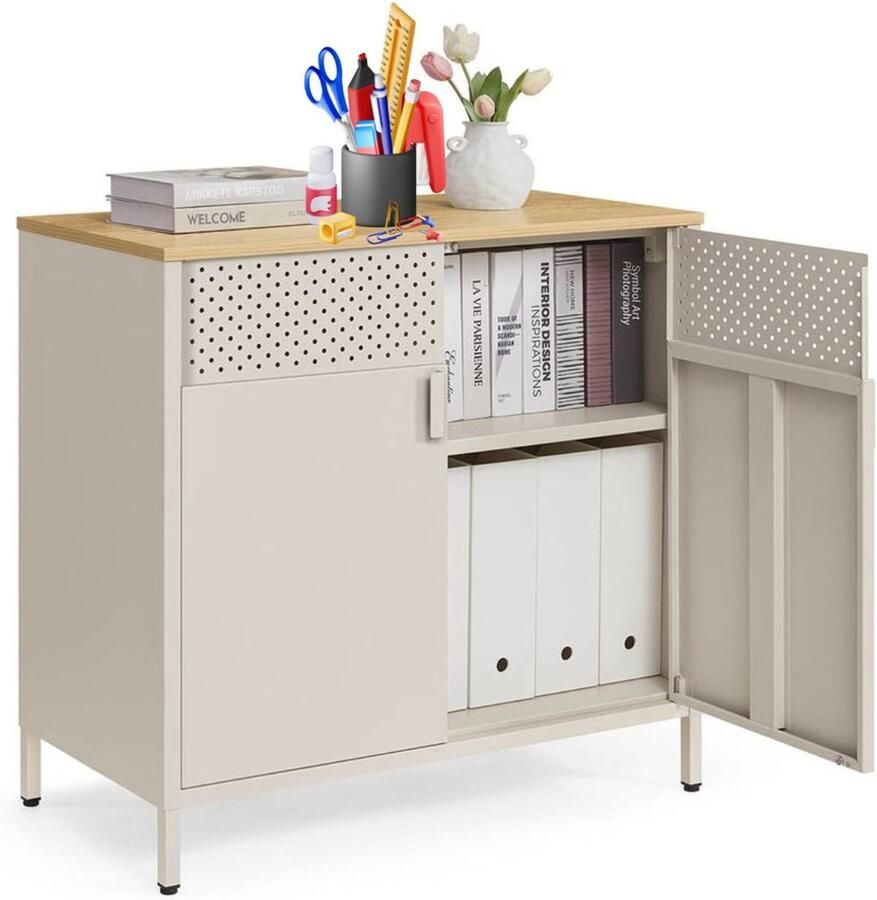 Signature Home Opbergkast Dressoir met dubbele deur Kantoorkast magnetische sluiting kast verstelbare plank stalen frame beige natuurbeige 40 x 80 x 76 cm