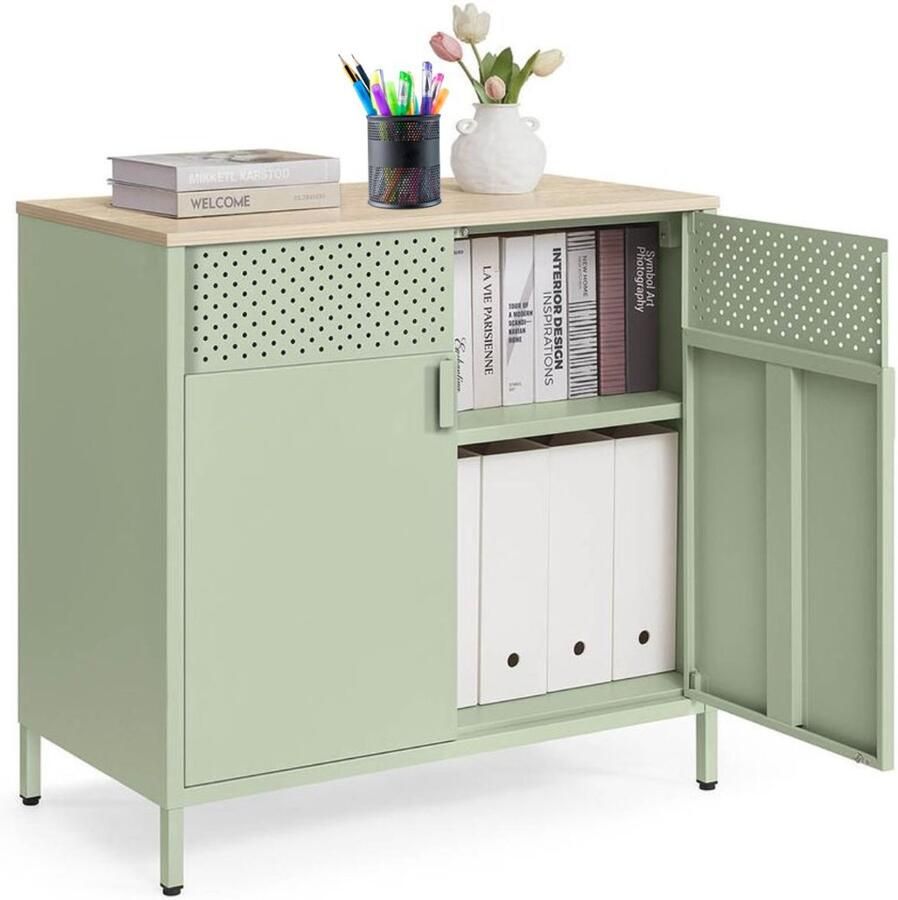 Signature Home Opbergkast met dubbele deur Dressoir magnetische sluiting Kast verstelbare plank stalen frame groen natuurlijk eiken 40 x 80 x 76 cm