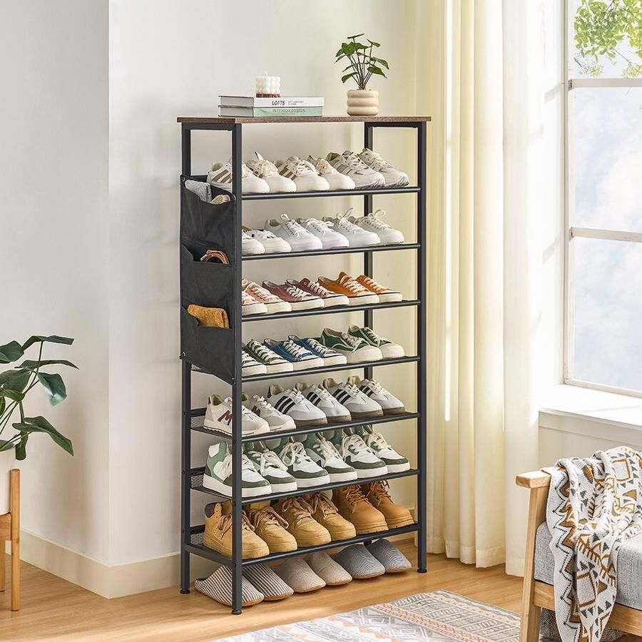 Signature Home Osaka Schoenenrek Schoenkast met organizer 24-34 paar Schoenen Metaal Hout Industrieel Bruin Zwart 75 x 30 x 142 cm
