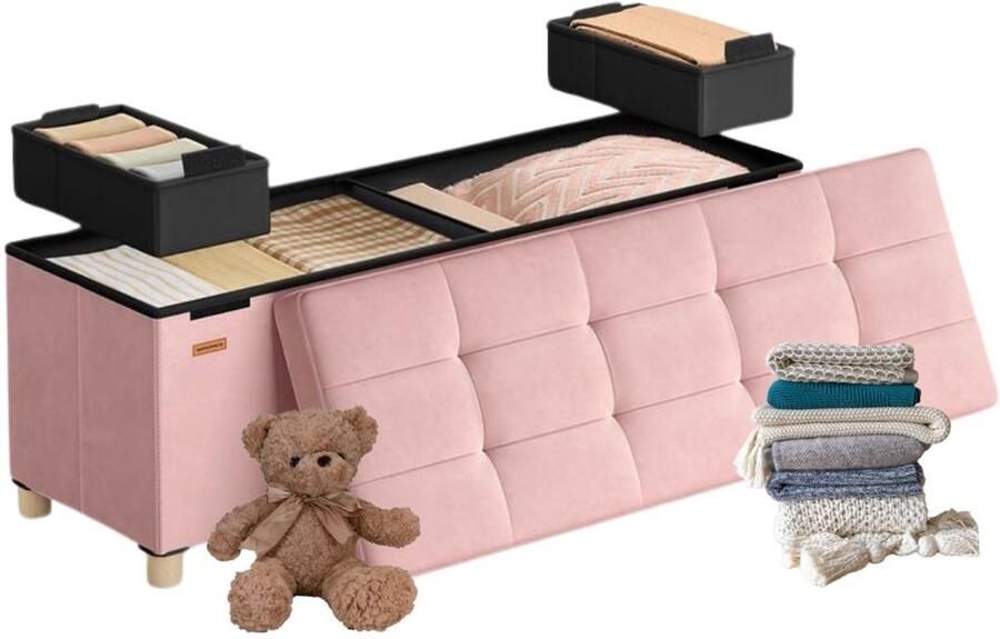 Signature Home Poef Zitbank met Opbergruimte Hocker opvouwbare 112 Ltr opbergbox met deksel fluweel belastbaar tot 300 kg Roze