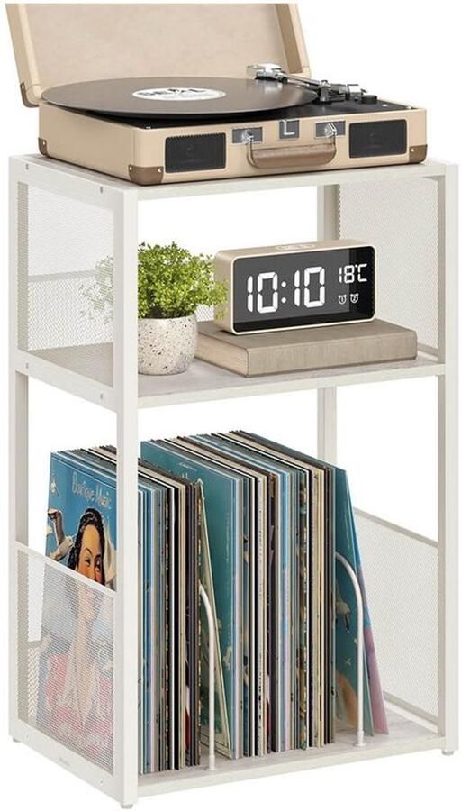 Signature Home Printertafel bijzettafel 3-laags platenopslag tot 100 albums tafel voor woonkamer slaapkamer wit