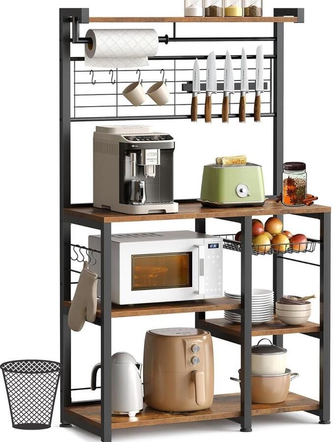 Signature Home Queensland Keukenrek staand rek werkblad keuken keukeneiland met magneetstrip voor messen draadmand keukenrolhouder 12 haken vintage bruin-zwart