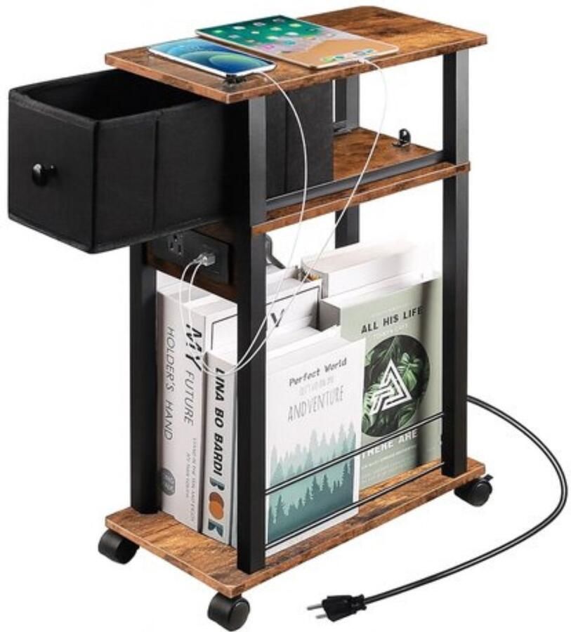 Signature Home Roma Bijzettafel met laadstation nachtkastje Lectuurbak Tijdschriftenhouder banktafel op wieltjes koffietafel voor slaapkamer woonkamer bruin en zwart 40x20x57 cm