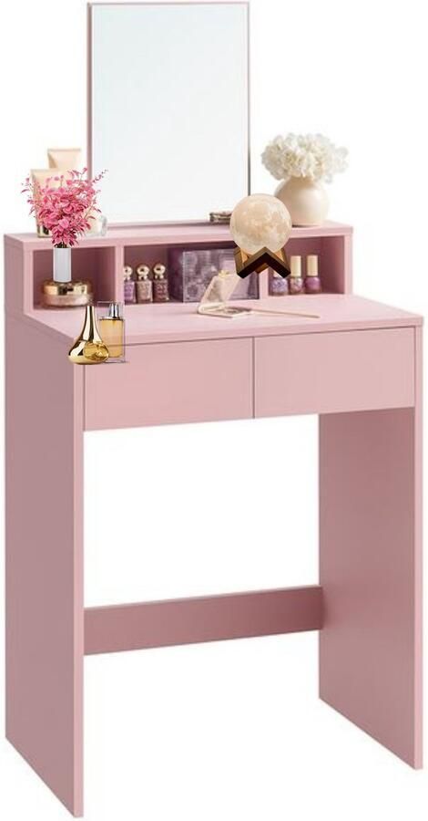 Signature Home Rozy Kaptafel met grote spiegel make up tafel 2 lades 3 open vakken roze