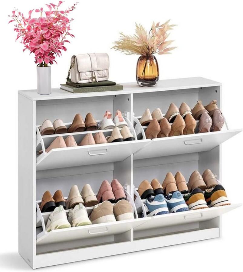 Signature Home Schoenenkast 4 kleppen Schoenenrek Schoenenverdeler Verstelbaar voor 16-28 paar schoenen Gang wit 24 x 105 5 x 82 7 cm