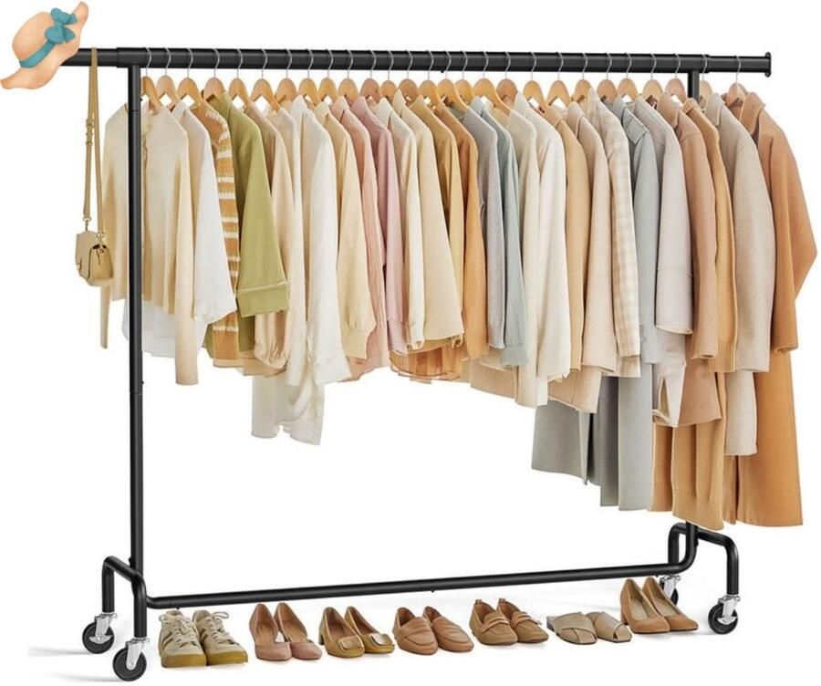 Signature Home sterk kledingrek op wielen uitschuifbare kledingrek Garderoberek Kapstok 110 kg Metaalchroom afwerking zwart 160-200cm