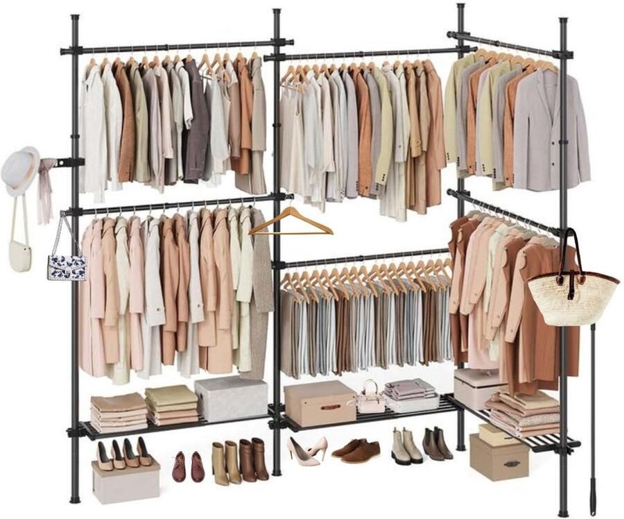 Signature Home Telescopisch kledingrek 3-laags zolder garderobekast kledingrek in hoogte en breedte verstelbaar open kledingkast met 6 kledingstangen en 3 uitneembare planken beugel matzwart