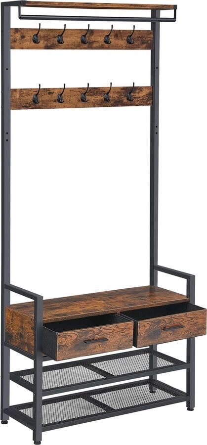 Signature Home Visby Kapstok met schoenenbank Garderoberek 21 haken kledingrek schoenenrek met 2 stoffen lades bruin inktzwart 30 x 81 x 181 5 cm
