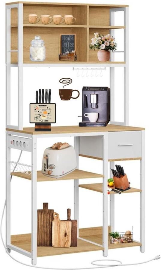 Signature Home Wolk Keukenkast met stopcontacten staande Keukenrek magnetronrek verstelbare planken stoffen lade 12 haken Eiken Wit