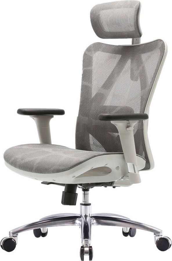 Sihoo bureaustoel ergonomisch verstelbare armleuning 150kg belastbaar ~ bekleding grijs frame wit