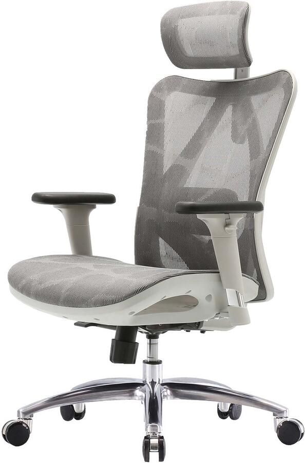 Sihoo bureaustoel ergonomisch verstelbare armleuning 150kg belastbaar ~ grijze bekleding wit frame