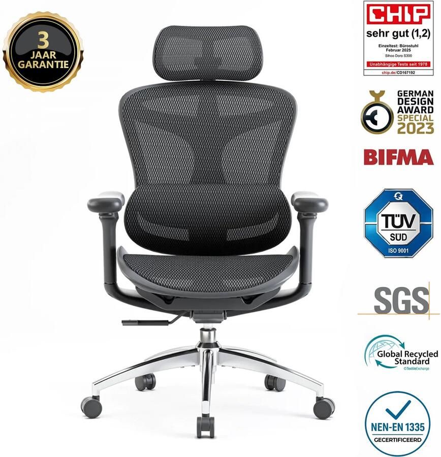 Sihoo Doro C300 Ergonomische Bureaustoel 3D Armleuningen Zelfaanpassende Lendensteun Slim Gewichtsmechanisme Mesh Rugleuning 3 Kantelstanden TUV SGS Gecertificeerd Tot 150kg 70x69x128cm——Zwart