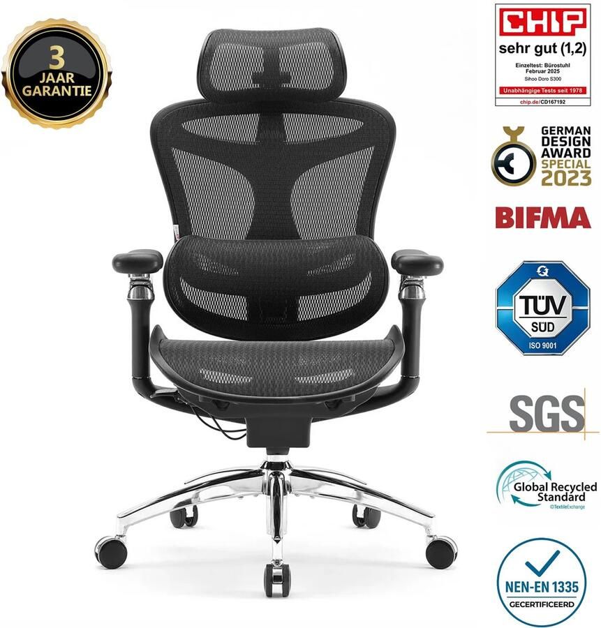Sihoo Doro C300 Pro Ergonomische Bureaustoel 5D Armleuningen Zelfaanpassende Lendensteun Mesh Rugleuning Tot 150kg 3 Standen Verstelbaar (92° 100° 112°) BIFMA TÜV Gecertificeerd 77x67x127cm——Zwart