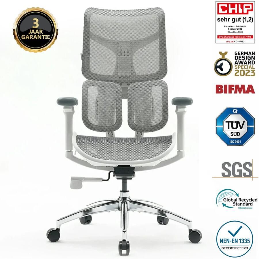 Sihoo Doro S100 Ergonomische Bureaustoel Dubbele Dynamische Lendensteun & 5-Voudig Verstelbare Rugleuning 4D Gecoördineerde Armleuningen Verstelbaar Zitkussen BIFMA SGS Gecertificeerd Geschikt voor 150-190cm 78x63x124cm——Wit