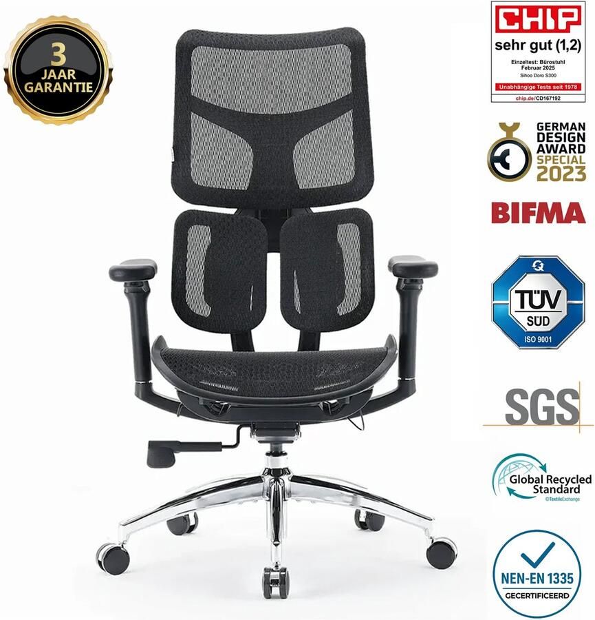 Sihoo Doro S100 Ergonomische Bureaustoel Dubbele Dynamische Lendensteun & 5-Voudig Verstelbare Rugleuning 4D Gecoördineerde Armleuningen Verstelbaar Zitkussen BIFMA SGS Gecertificeerd Geschikt voor 150-190cm 78x63x124cm——Zwart