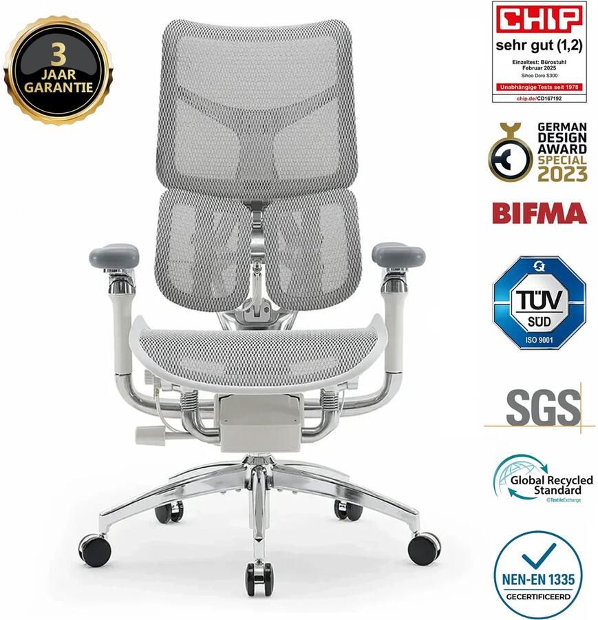 Sihoo Doro S300 Ergonomische Bureaustoel 6D Armleuningen Dynamisch Lendensteunsysteem Schokabsorberend Veringssysteem Vierassig Ondersteuningssysteem Zero-Gravity Ervaring BIFMA SGS Gecertificeerd 78x65x102cm——Wit