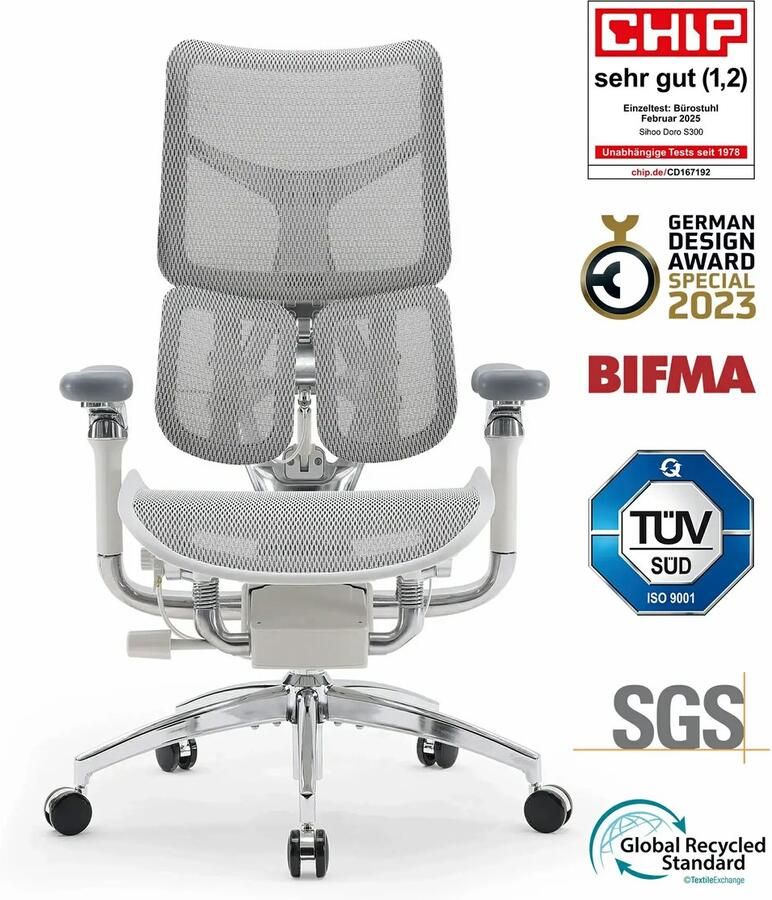 Sihoo Doro S300 Ergonomische Bureaustoel Gamingstoel Dubbele Dynamische Lendensteun 6D-Gecoördineerde Armleuningen Verstelbare Grote Zitkuss & Rugleuning 150kg Draagvermogen Kantoor Thuis Gaming Wit - Foto 2