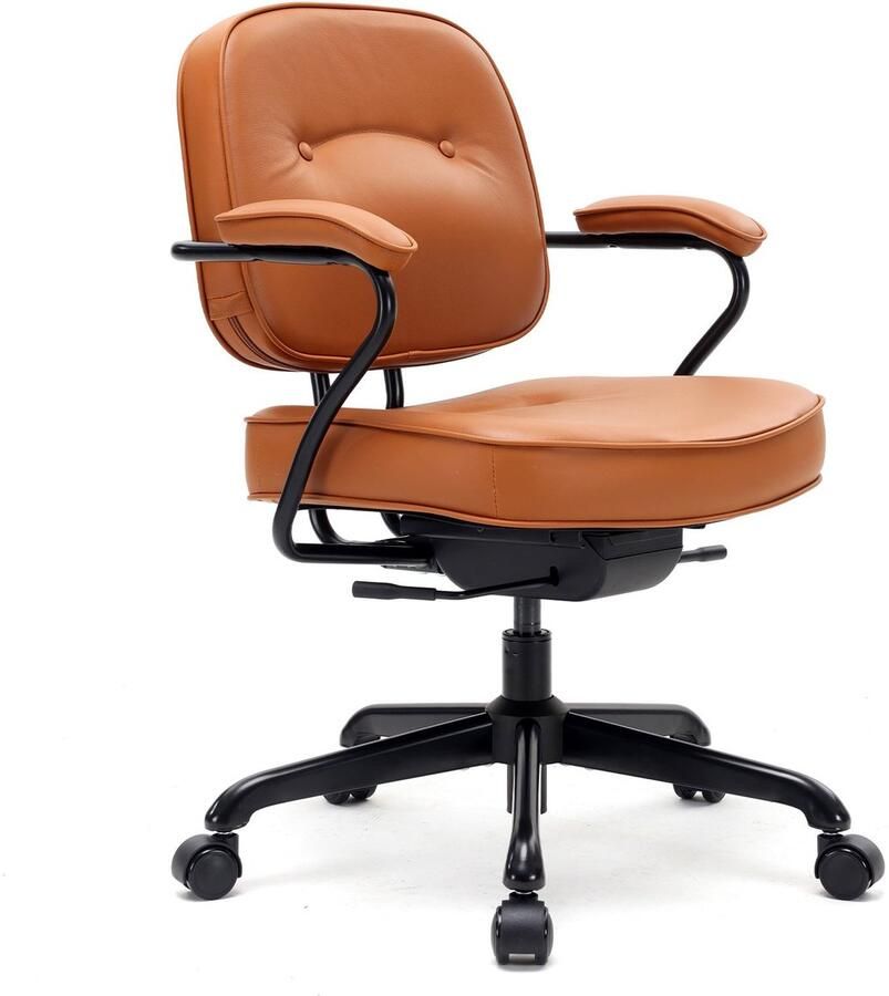 Sihoo L3D Mid-Century Bureaustoel Faux Lederen Ergonomische Bureaustoel Breed Zitkussen Gewatteerde Armsteun Bruin