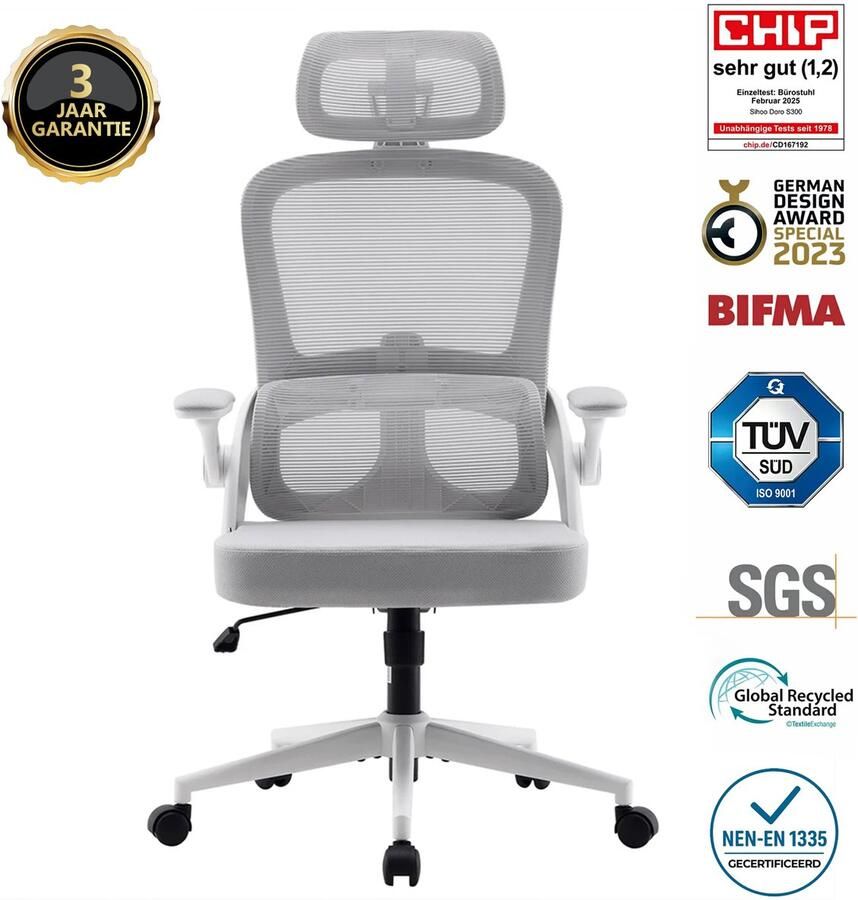 Sihoo M102C Ergonomische Bureaustoel Verstelbare Hoogte Lendensteun & Armleuningen Inklapbaar Ruim Zitkussen Tot 136 kg TÜV Gecertificeerd——Wit