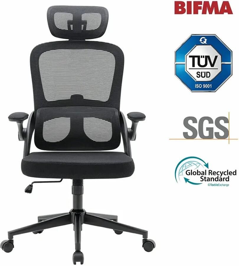 Sihoo M102C Ergonomische Bureaustoel Verstelbare Hoogte Lendensteun Inklapbare Armleuningen Breed Zitkussen Geschikt tot 136 kg TÜV & SGS BIFMA Gecertificeerd——zwart - Foto 2