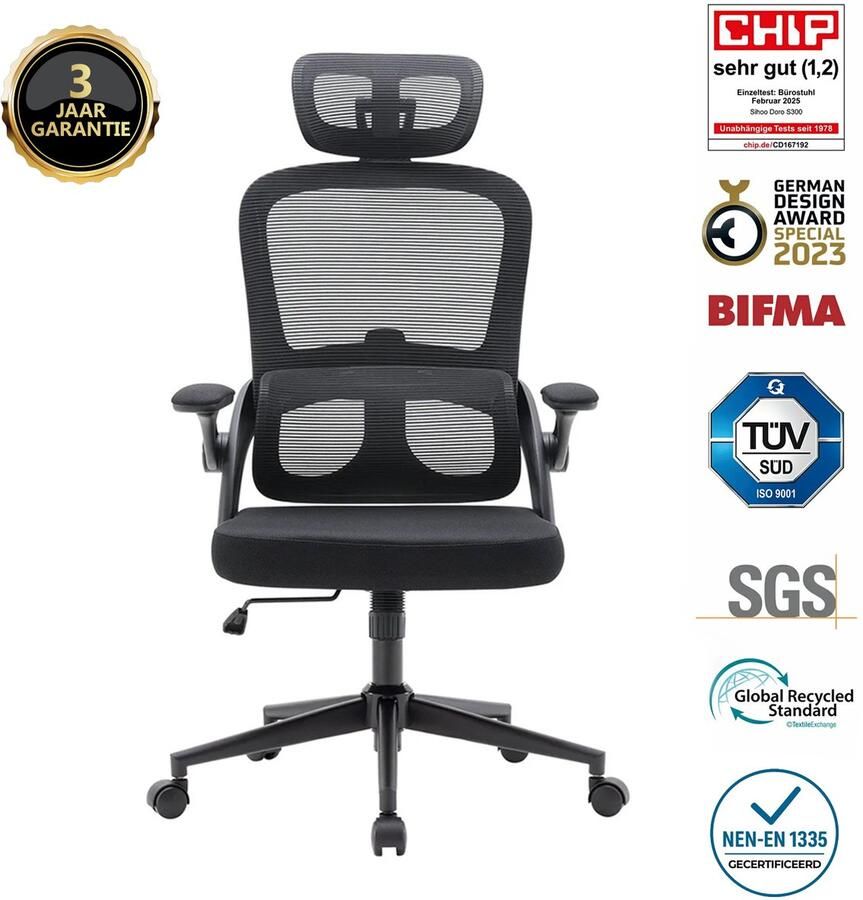Sihoo M102C Ergonomische Bureaustoel Verstelbare Hoogte Lendensteun Inklapbare Armleuningen Breed Zitkussen Geschikt tot 136 kg TÜV & SGS BIFMA Gecertificeerd——zwart