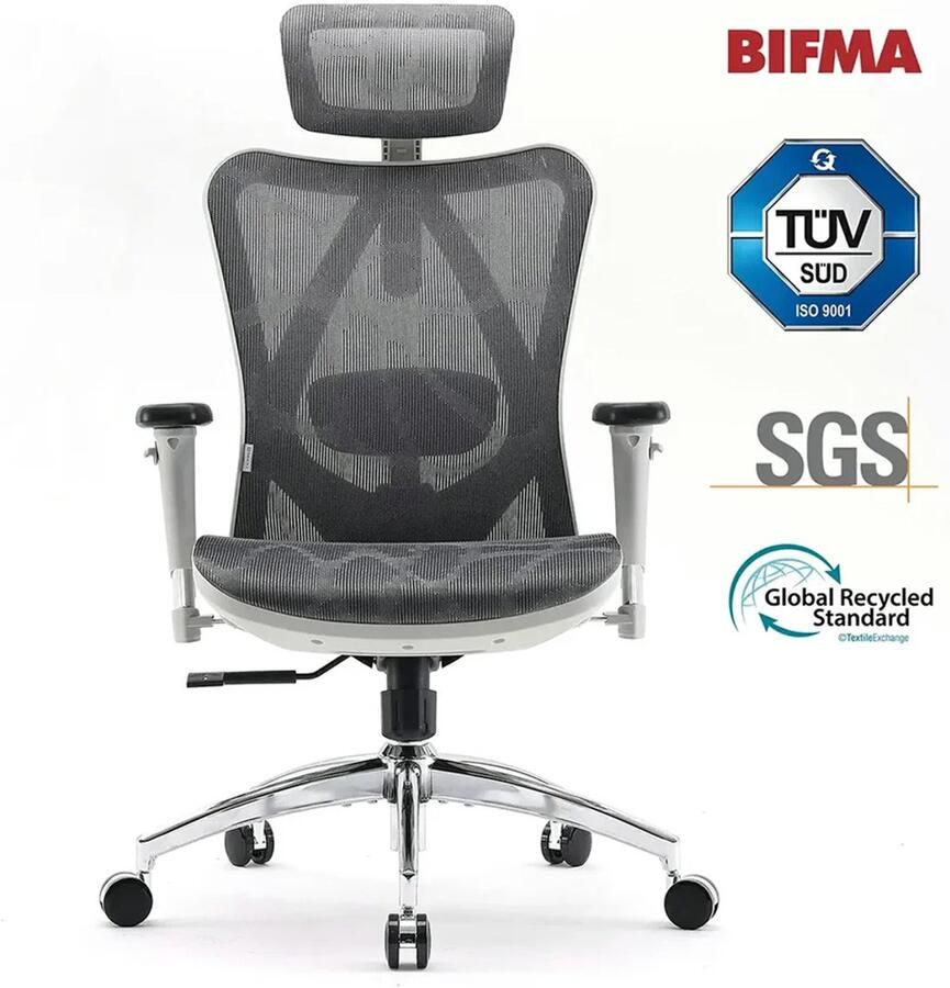 Sihoo M57 Ergonomische Bureaustoel met 3D-Armleuningen&Verstelbare Lendensteun-Premium Mesh Design voor Kantoor Thuiswerken 150kg Draagvermogen 8cm Hoogteverstelling-3 Standen Kantelmechanisme (110° 116° 126°)-SGS BIFMA Gecertificeerd——Lichtgrijs - Foto 2