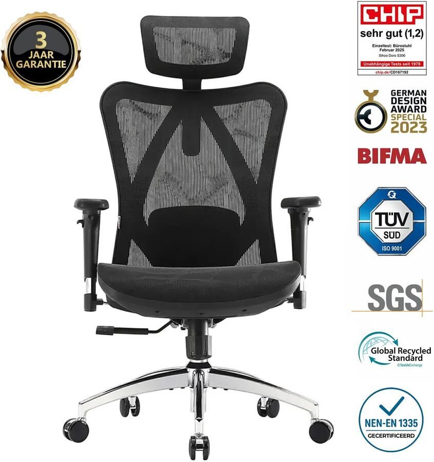 Sihoo M57 Ergonomische Bureaustoel met 3D-Armleuningen&Verstelbare Lendensteun-Premium Mesh Design voor Kantoor Thuiswerken 150kg Draagvermogen 8cm Hoogteverstelling-3 Standen Kantelmechanisme (110° 116° 126°)-SGS BIFMA Gecertificeerd——Zwart